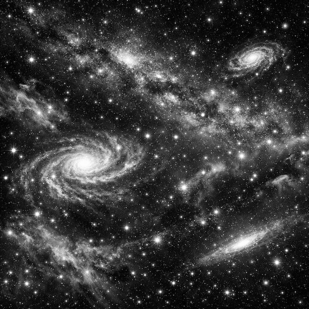 Multiple bright spiral galaxies surrounded by numerous stars and cosmic dust in black and white space image